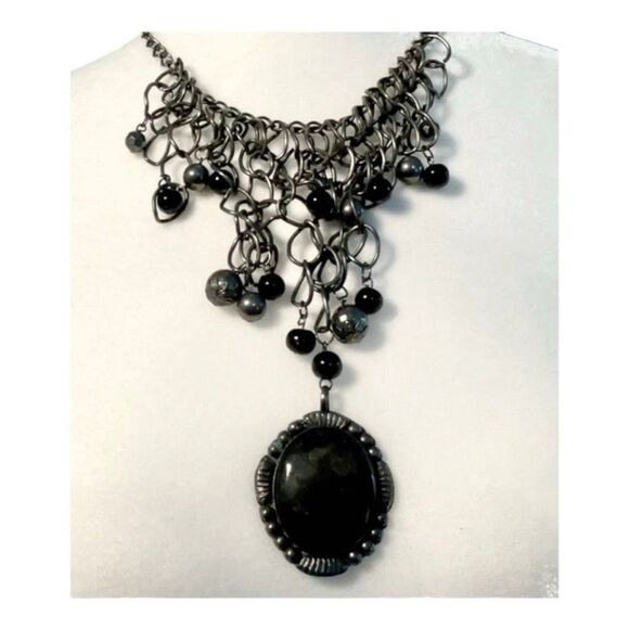 Vintage Jewelry - Beaded Statement Necklace Black Silver Tone Metal Pendent Choker Adjustable